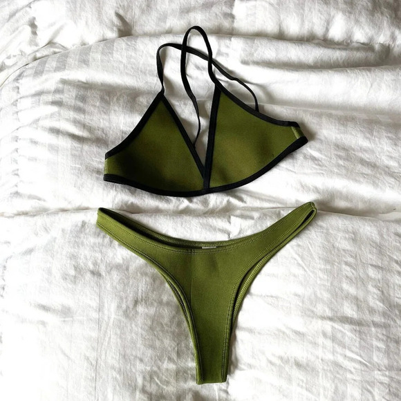 Hoaka Triangl Bikini Swimsuit SET Cheeky High Cut Bottoms Olive Green Size Large - Picture 2 of 10